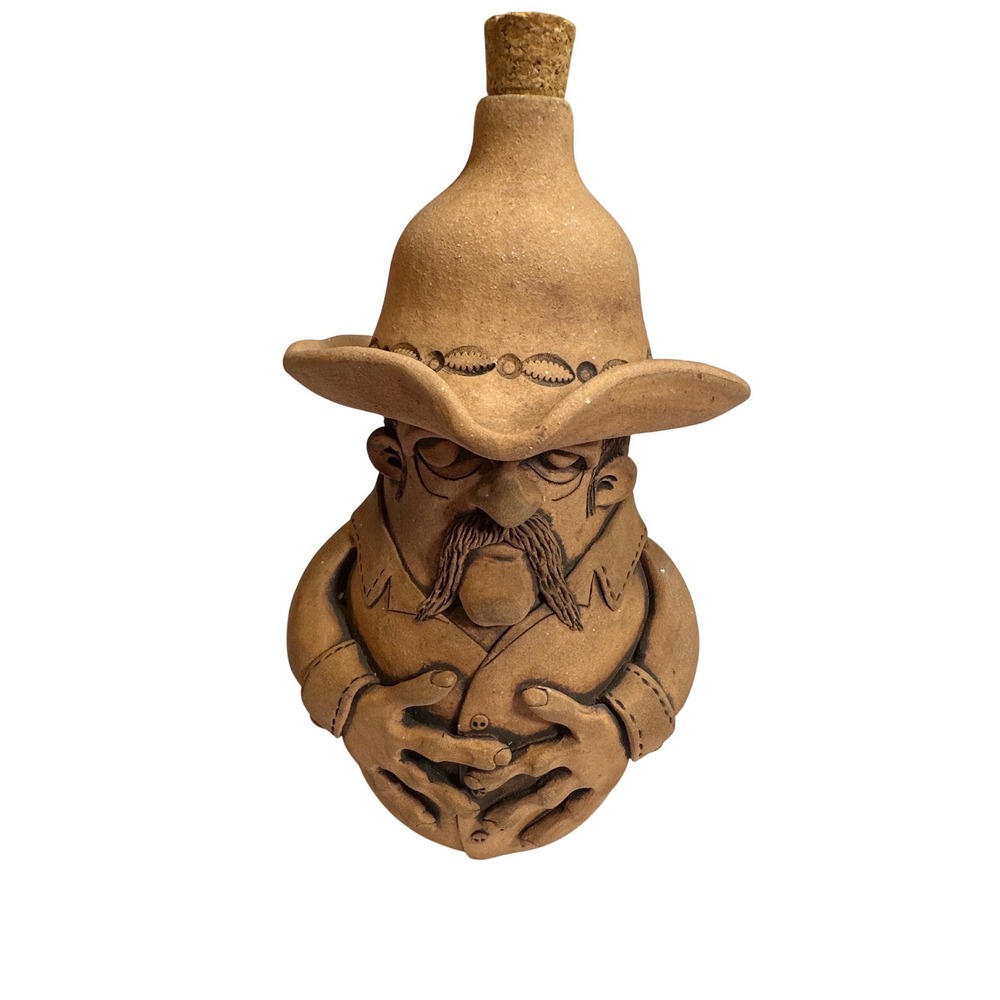 Vintage Terracotta Cowboy Decanter Whimsical Clay Folk Art Pottery with Cork 10"